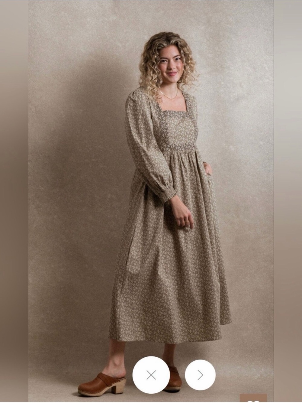 Long-Sleeve Square-Neck Floral Midi Dress in Taupe